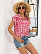 Plaid Button Up Cap Sleeve Shirt (2)