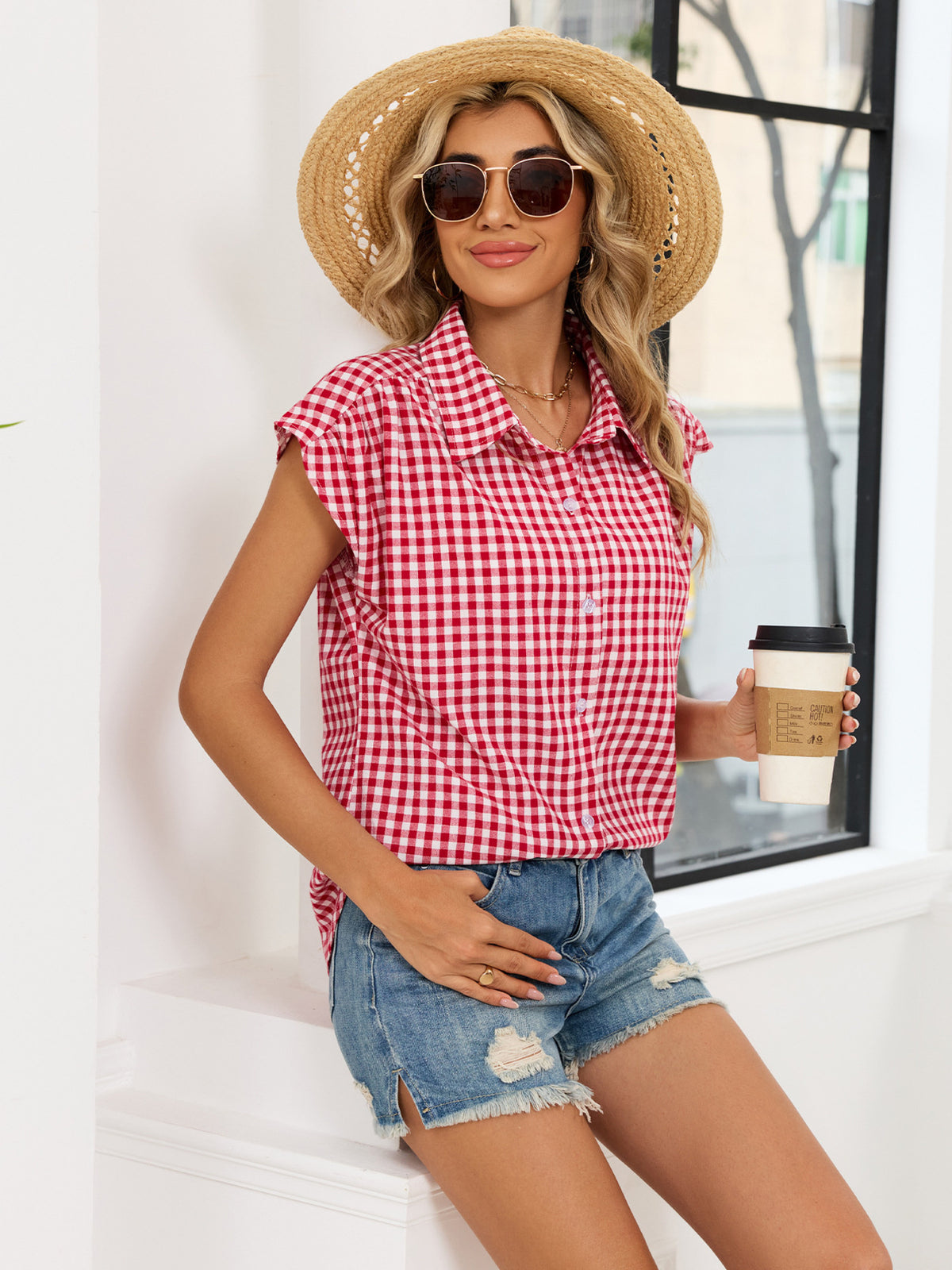 Plaid Button Up Cap Sleeve Shirt (2)