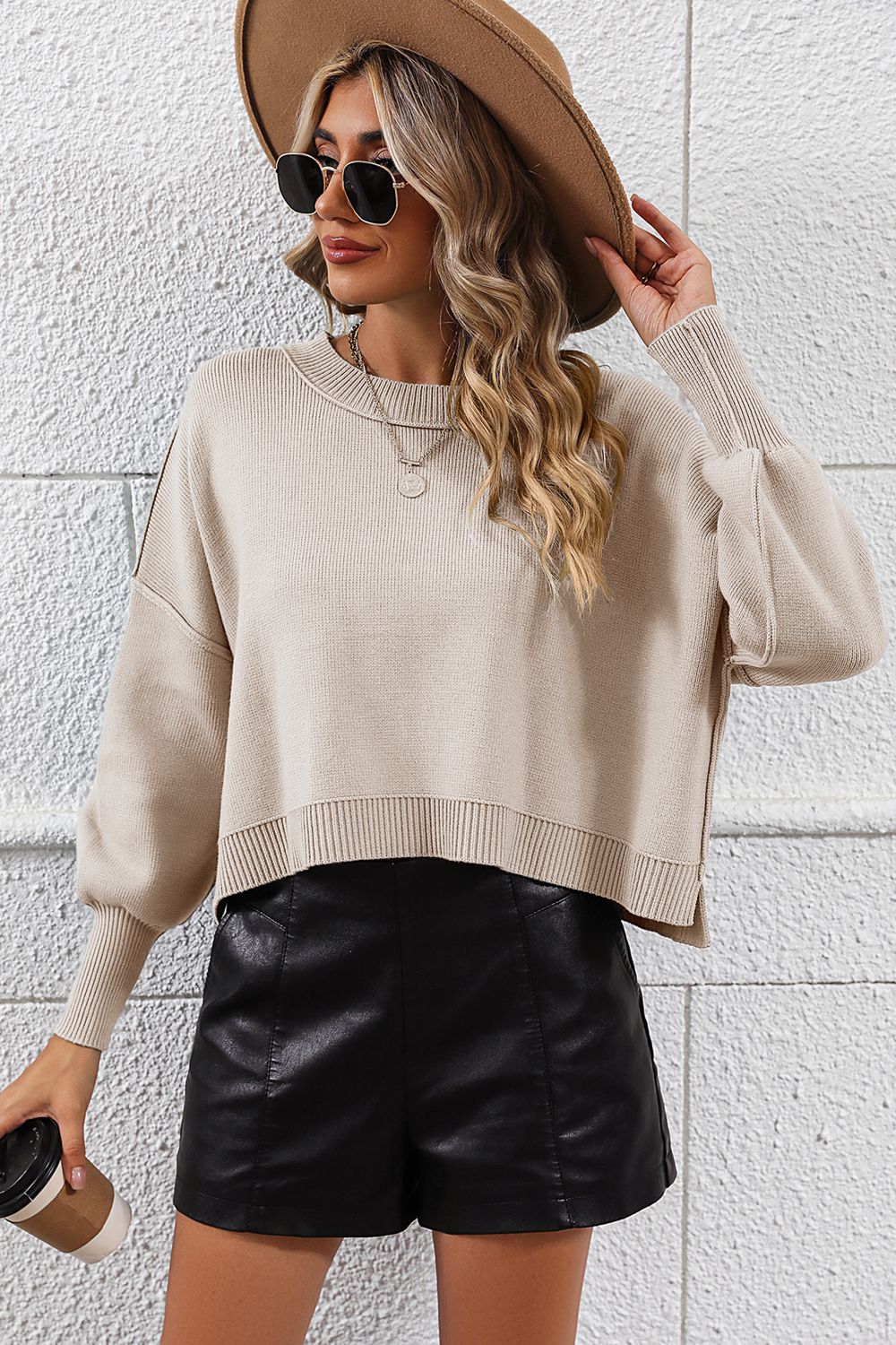Round Neck Dropped Shoulder Pullover Sweater (25)