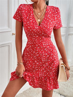 Printed Ruffled Hem V-neck Short Sleeve Mini Dress (5)