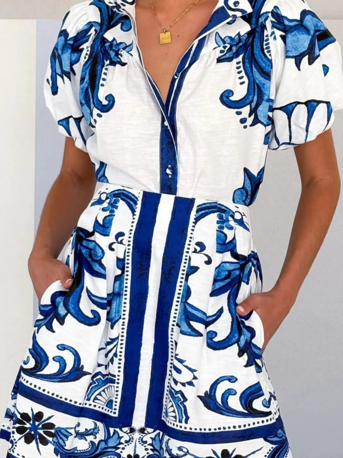Printed Puff Sleeve Top Skirt Set (4)