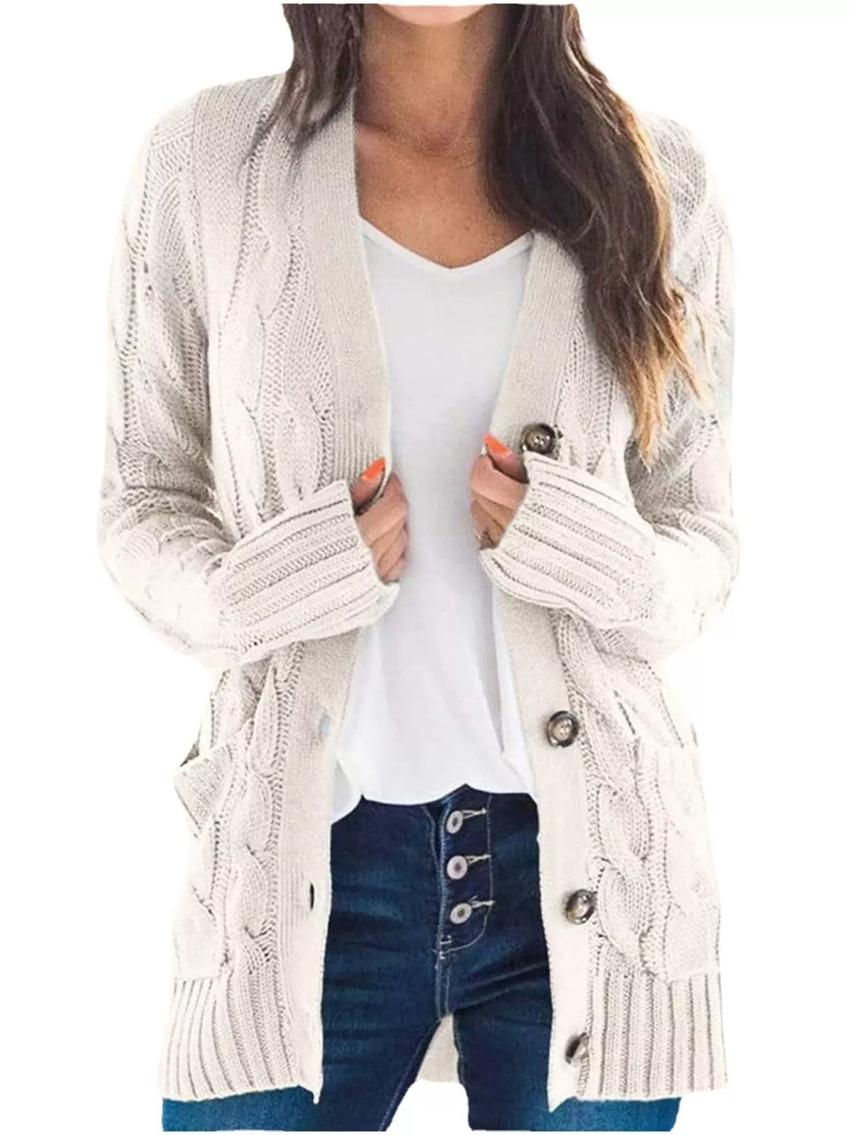 Full Size Chunky Cable Knit Button-down Cardigan Plus