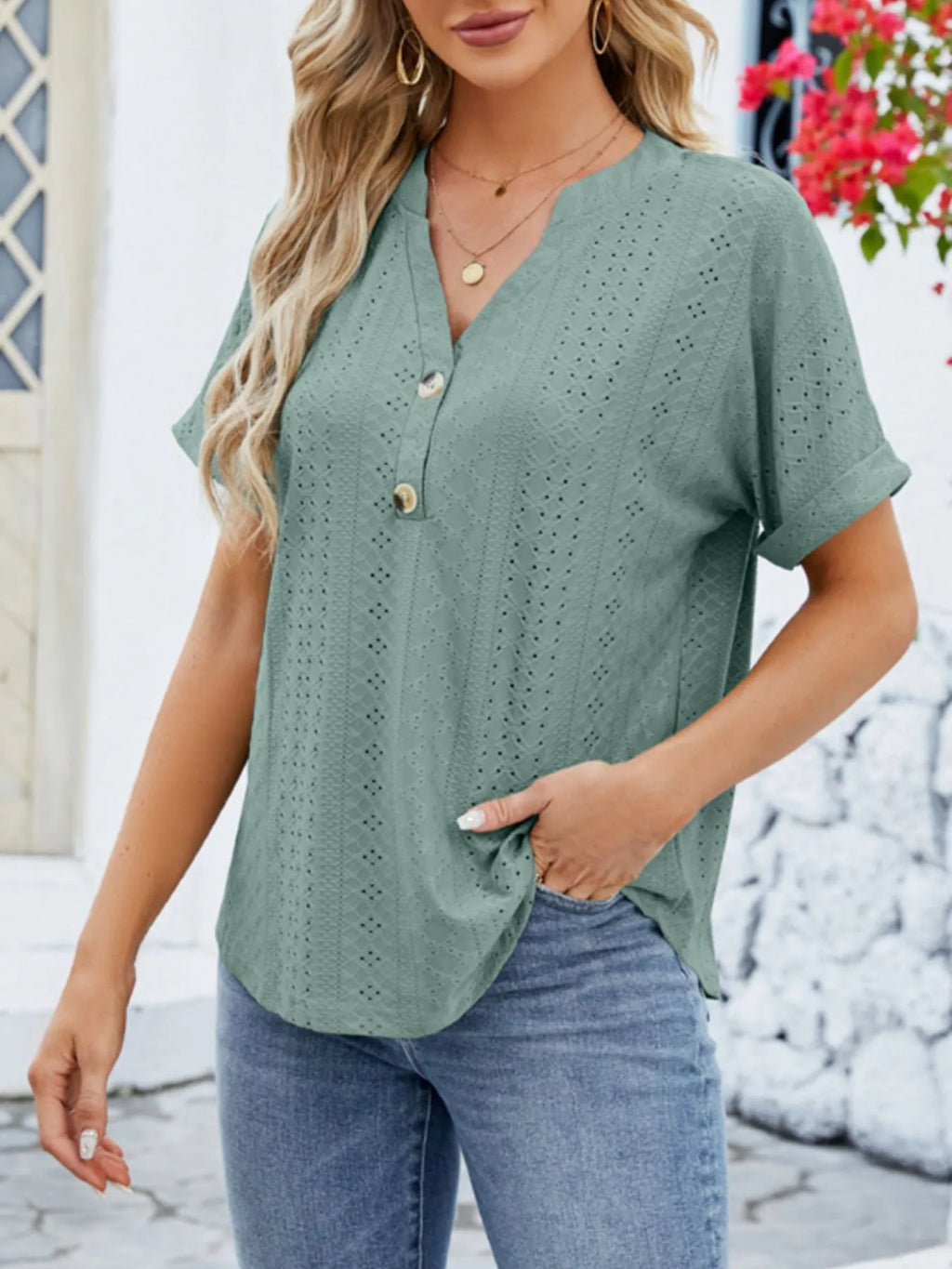 Eyelet Notched Short Sleeve Blouse (2)