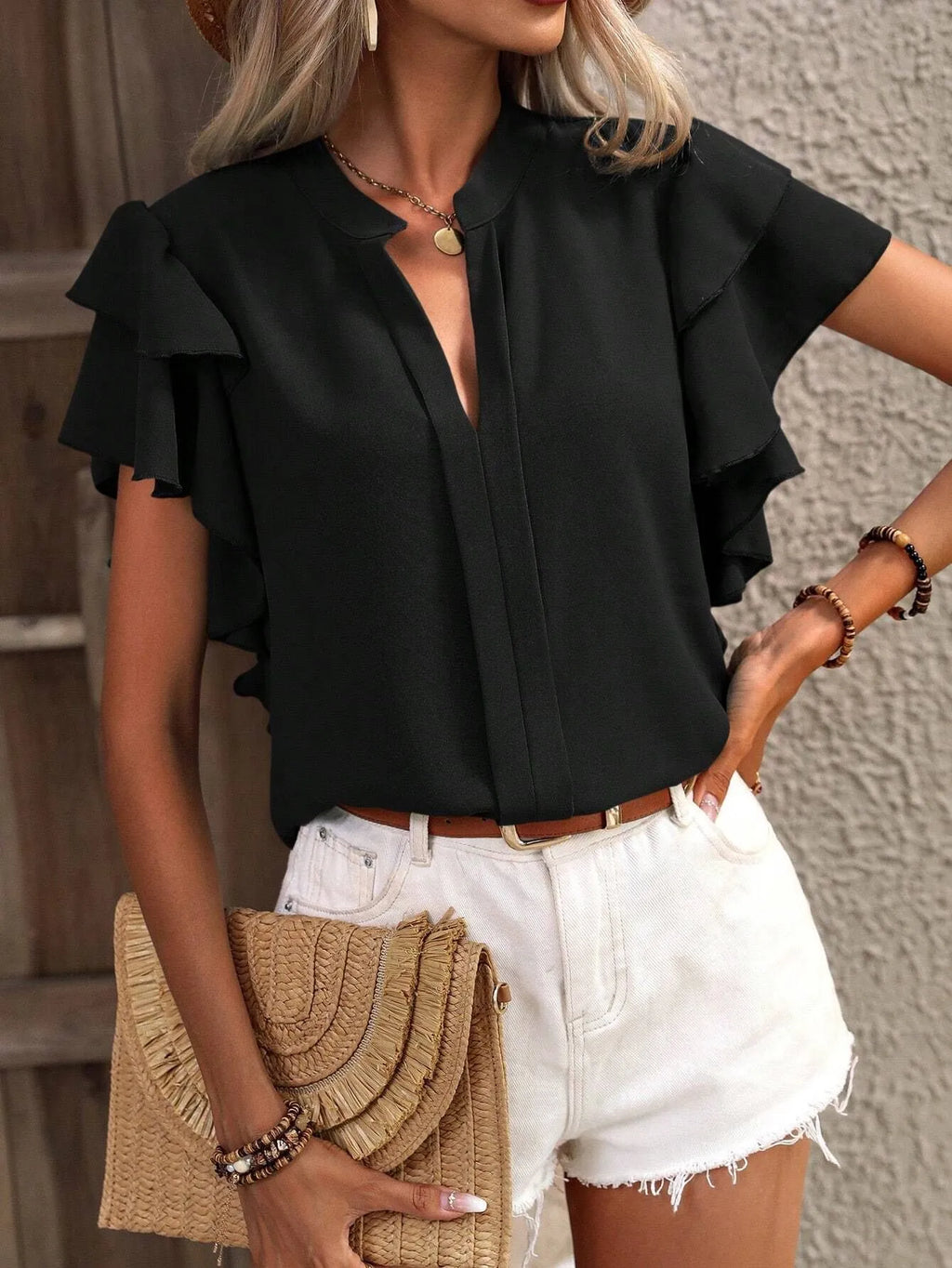Ruffle Sleeve Notched Blouse (6)