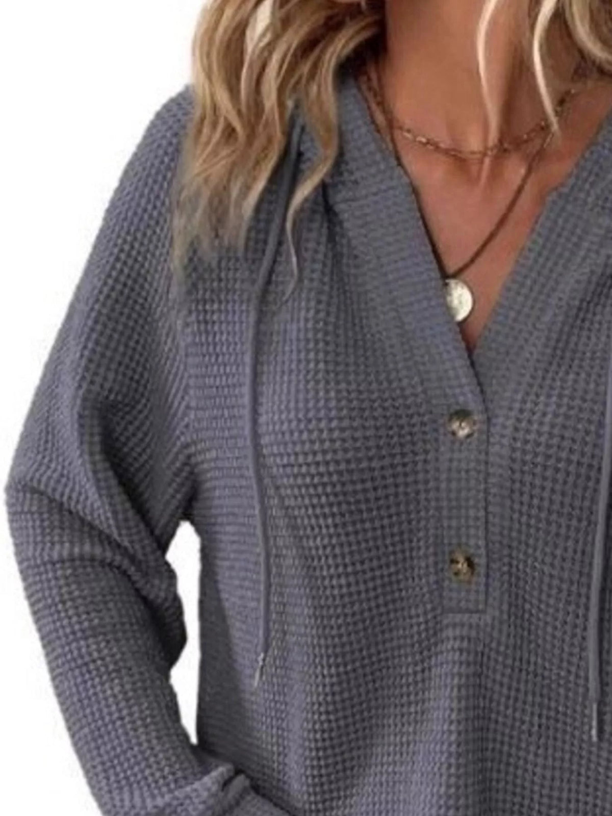 Full Size Button Detail Waffle Knit Hoodie Plus (14)
