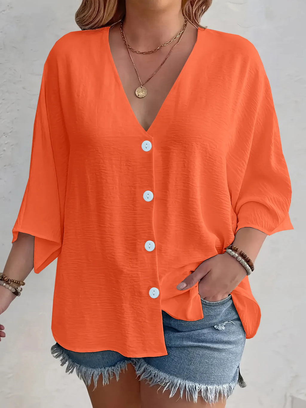 Full Size V-neck Button Down Shirt Plus (19)