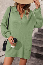 Collared Neck Long Sleeve Sweater Dress Pockets (6)