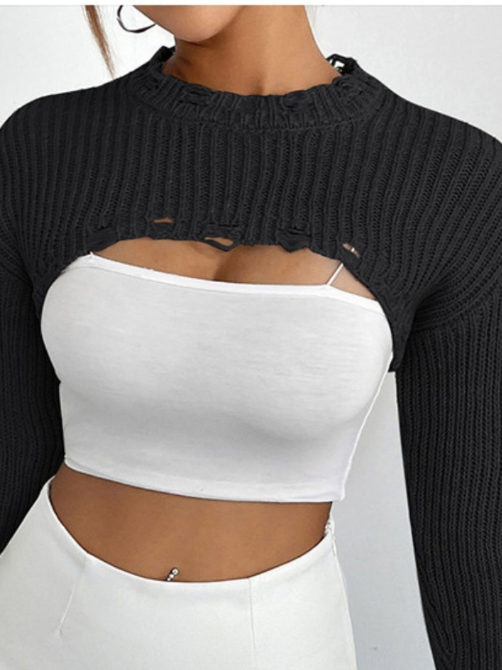 Distressed Long Sleeve Cropped Sweater (15)
