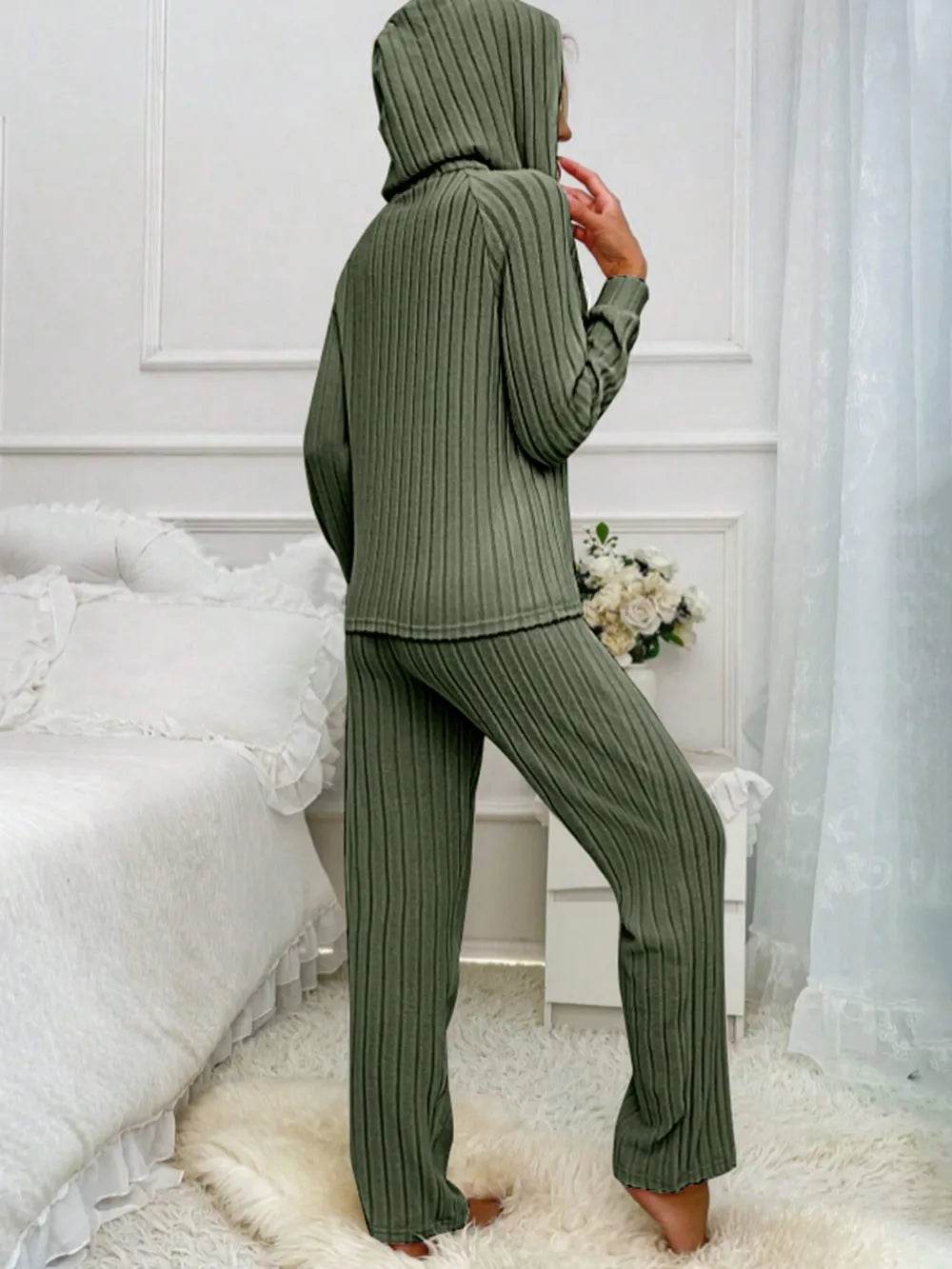 Drawstring Half Button Hooded Top Ribbed Pants Set (8)