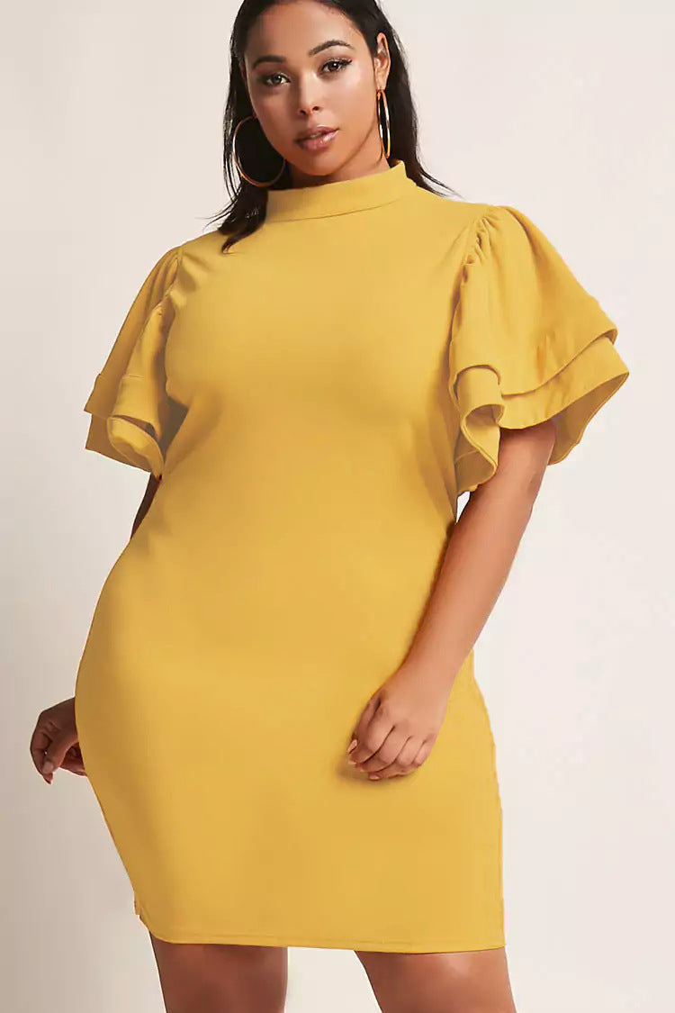 High-neck Ruffled Short-sleeved Dress variant CJNSSYLY15489-Yellow-3XL|CJNSSYLY15489-Yellow-XXL|CJNSSYLY15489-Yellow-XL
