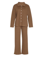 Collared Neck Long Sleeve Top Drawstring Pants Set (2)