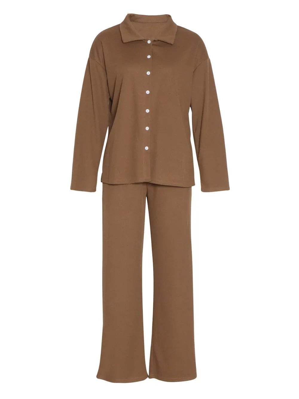 Collared Neck Long Sleeve Top Drawstring Pants Set (2)