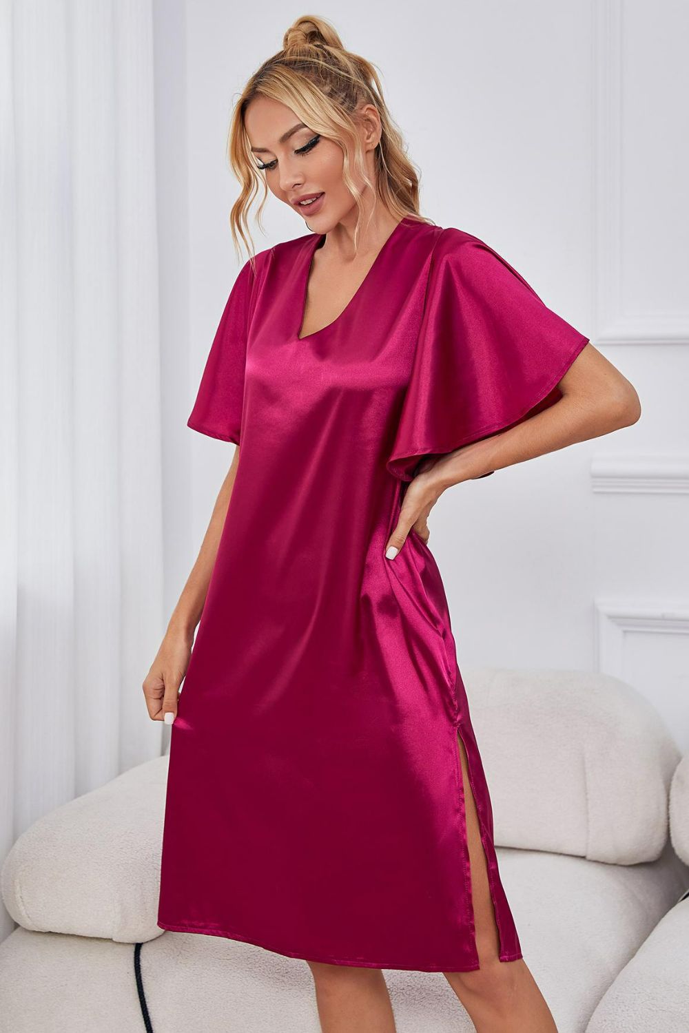 Satin Flutter Sleeve Side Slit V-neck Night Dress