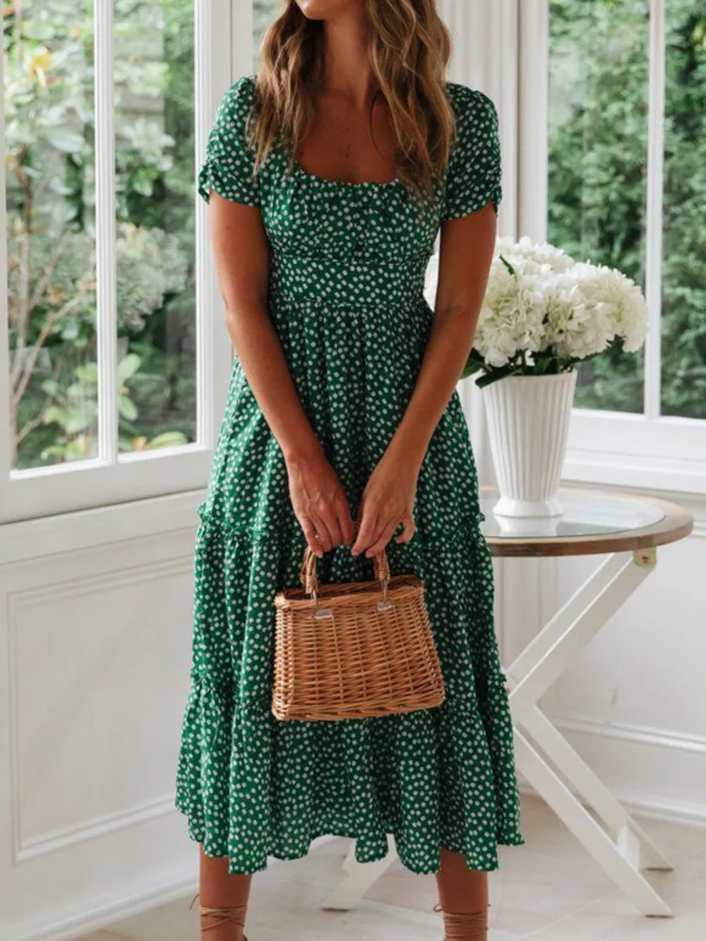 Printed Square Neck Short Sleeve Midi Dress (3)