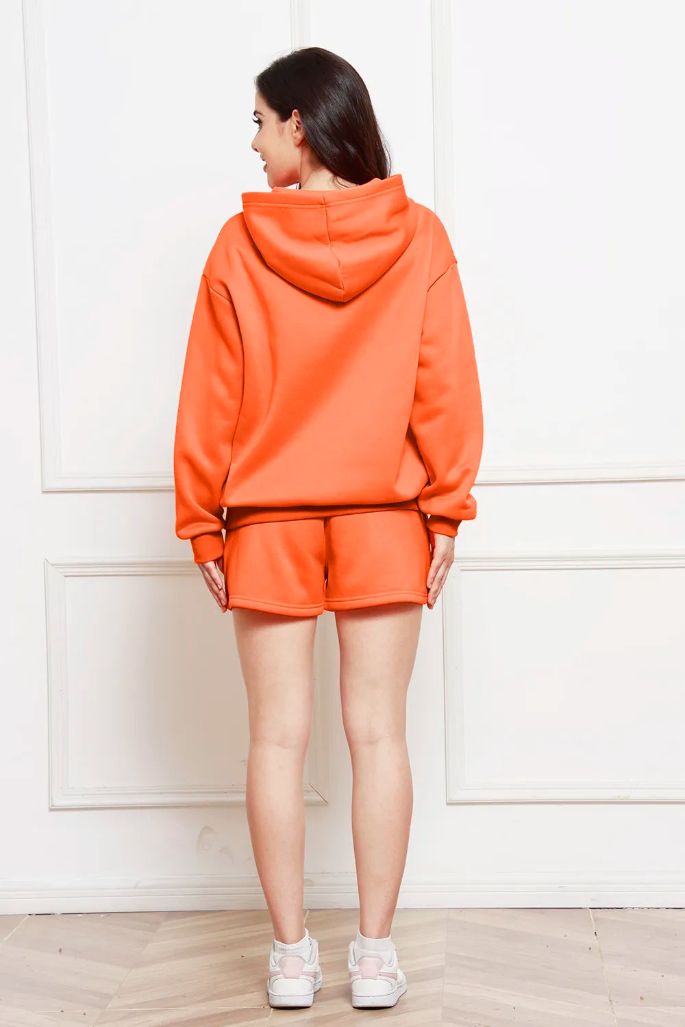 Drop Shoulder Long Sleeve Hoodie Shorts Set (2)