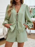 Tied Long Sleeve Top Shorts Set