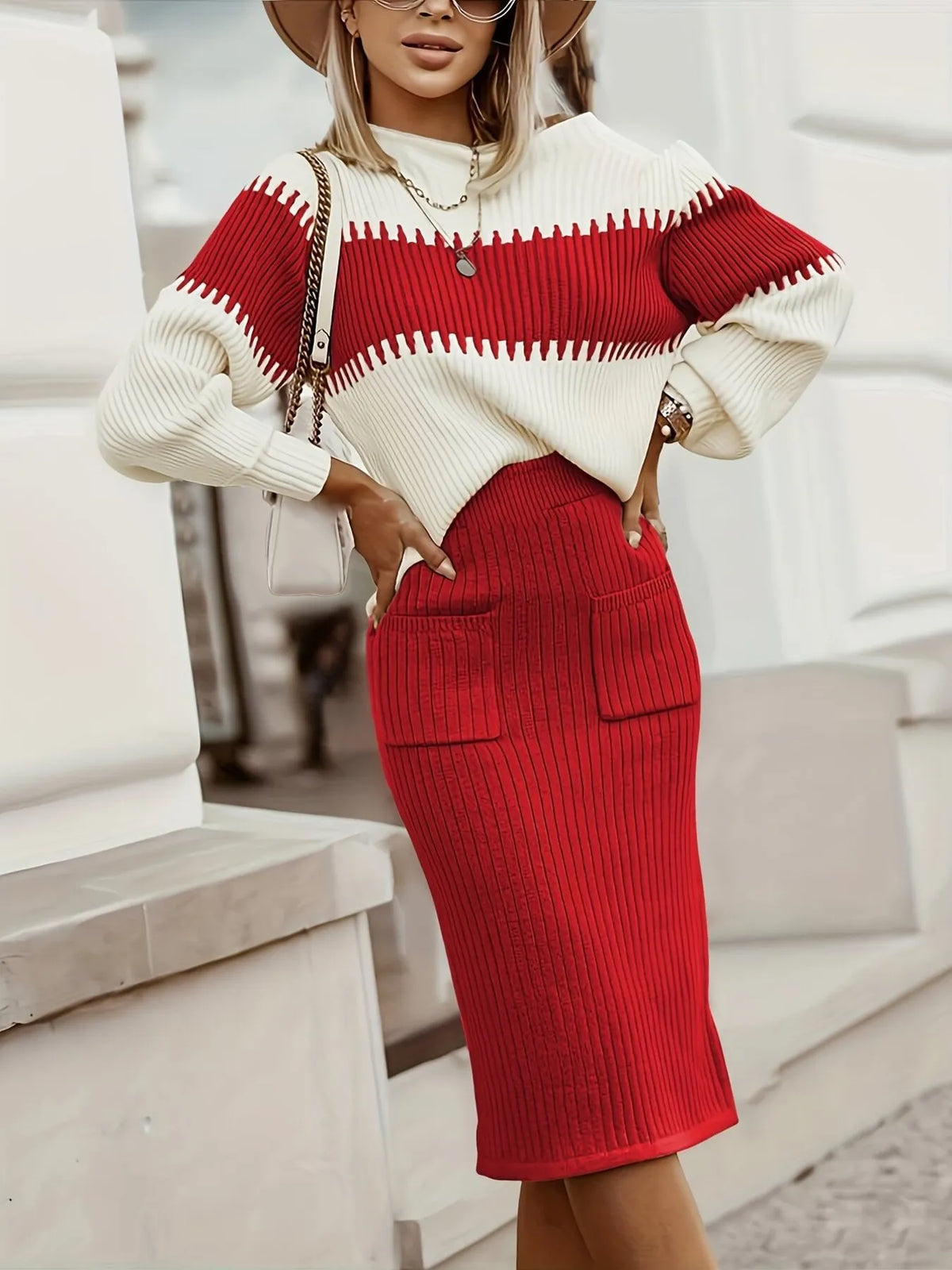 Two-tone Ribbed Knit Top Skirt Sweater Set (2)