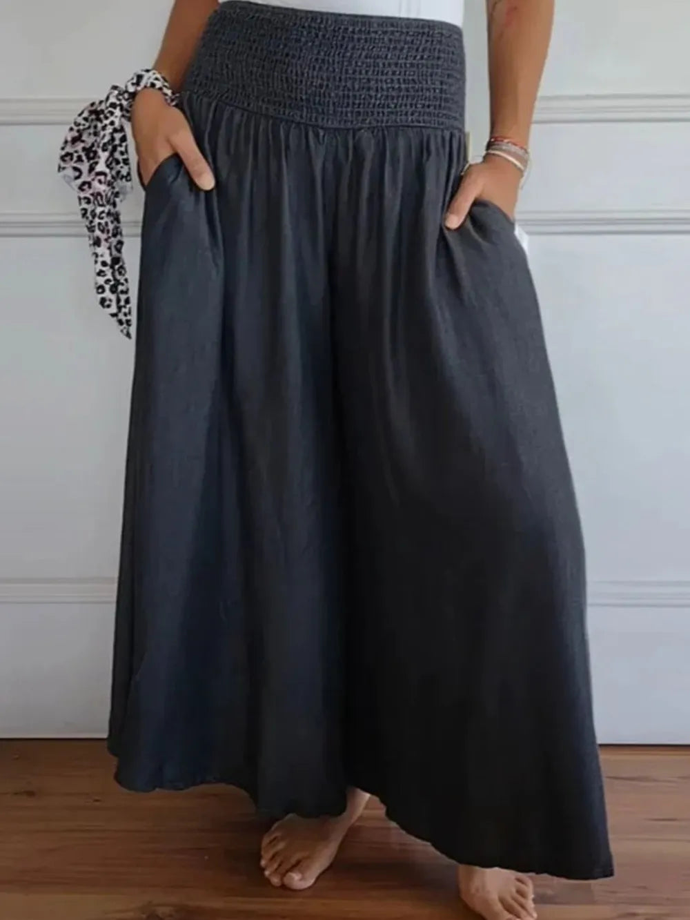 Full Size Smocked Wide Leg Pants Pockets