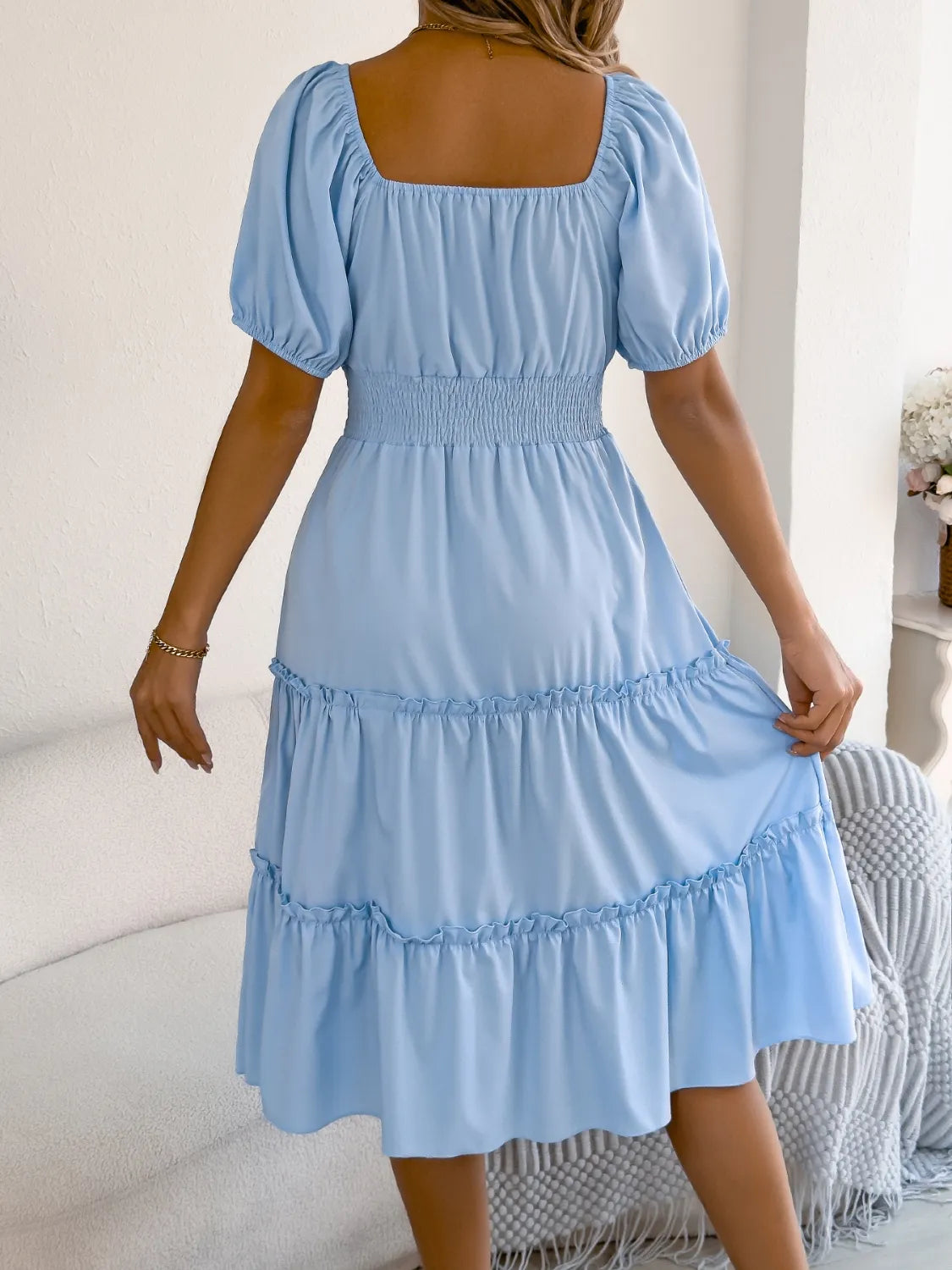 Square Neck Short Puff Sleeve Dress (5)