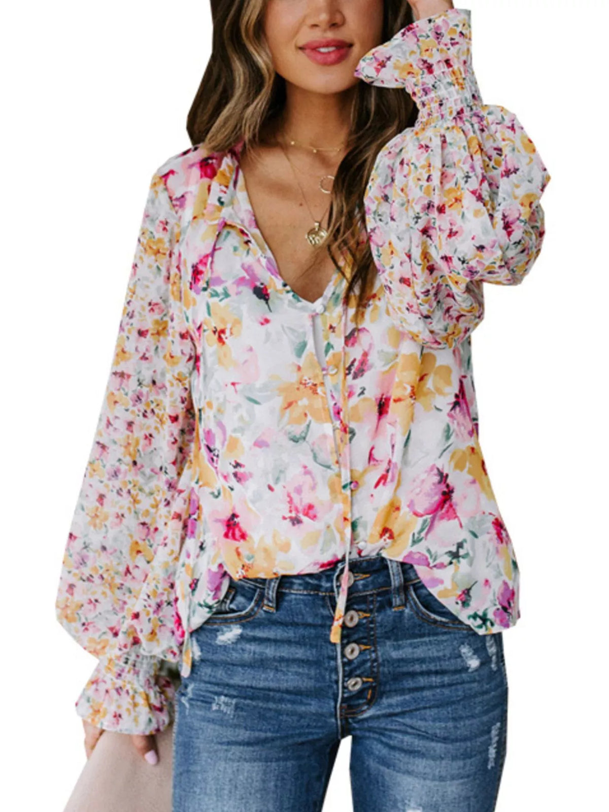 Full Size Floral Print Smocked Cuff Blouse Plus