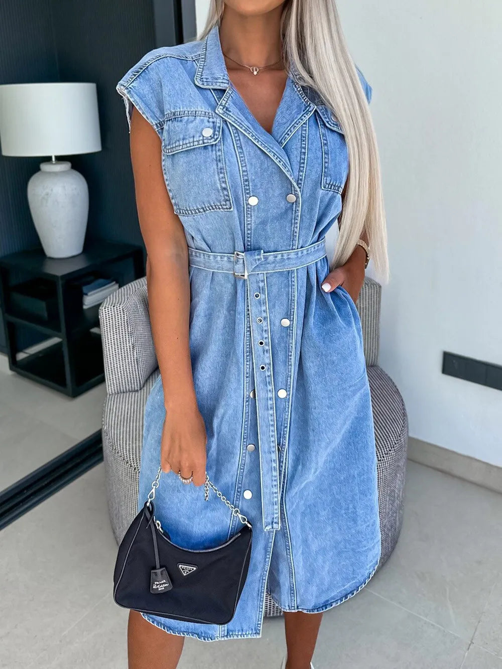 Collared Neck Cap Sleeve Denim Dress (8)