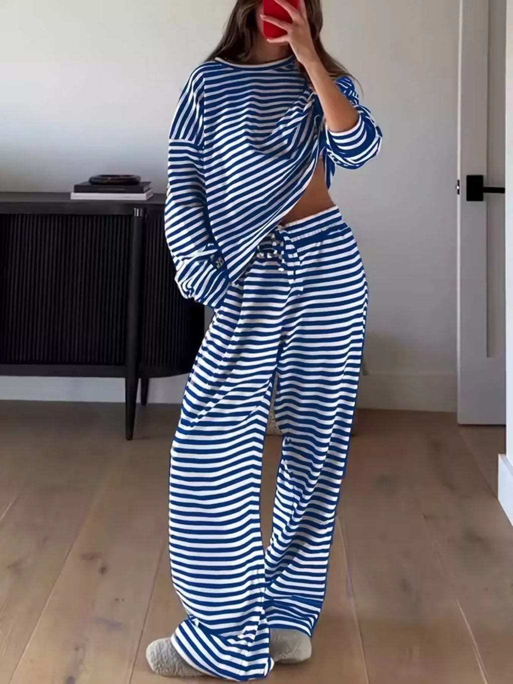 Striped Round Neck Top Pants Set (6)