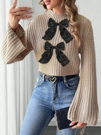 Bow-decorated Mock Neck Cropped Sweater (3)