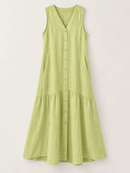 Full Size V-neck Button Front Sleeveless Midi Dress Plus (19)