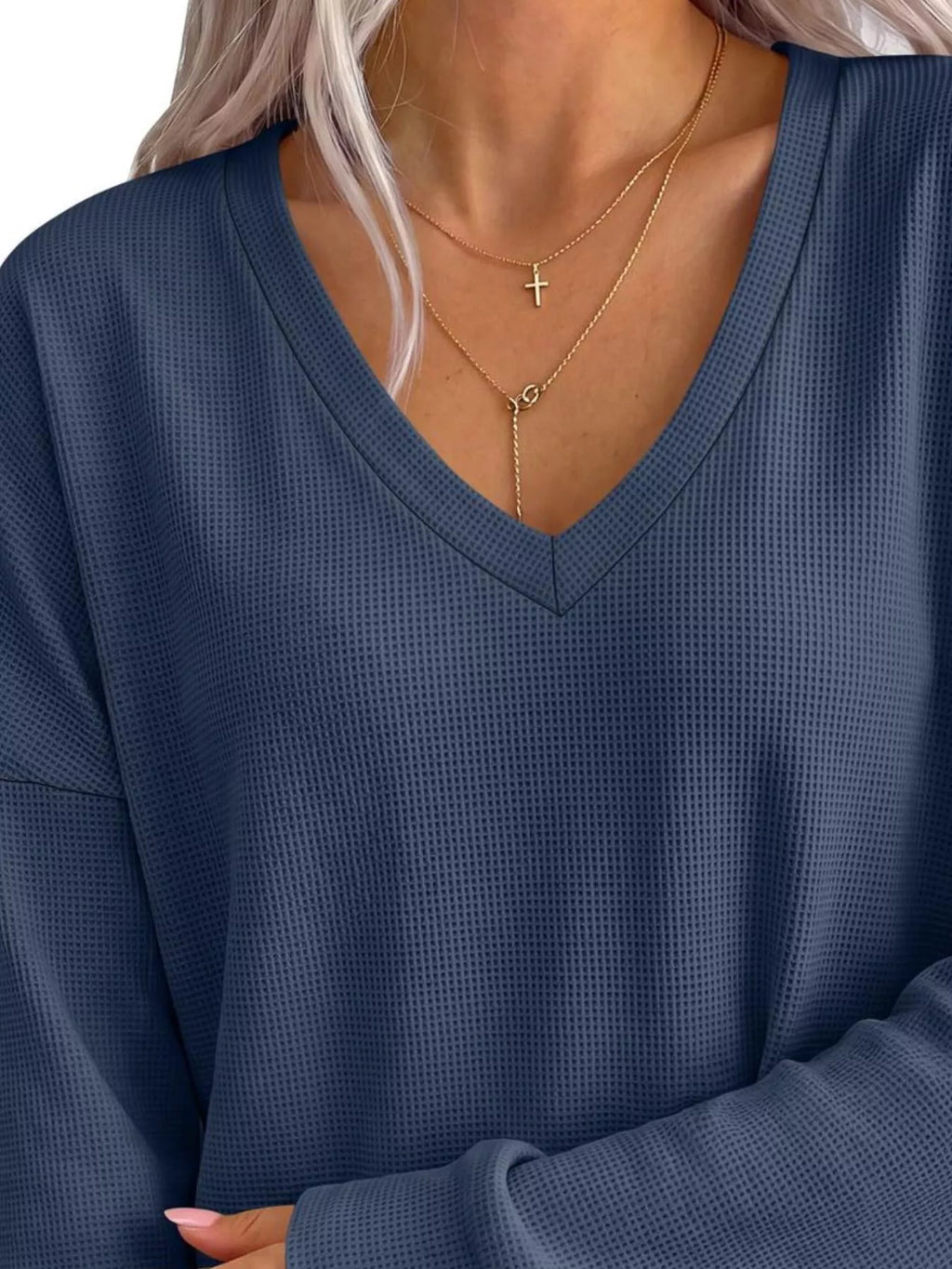 Side Slit Waffle Knit V-neck T-shirt (8)