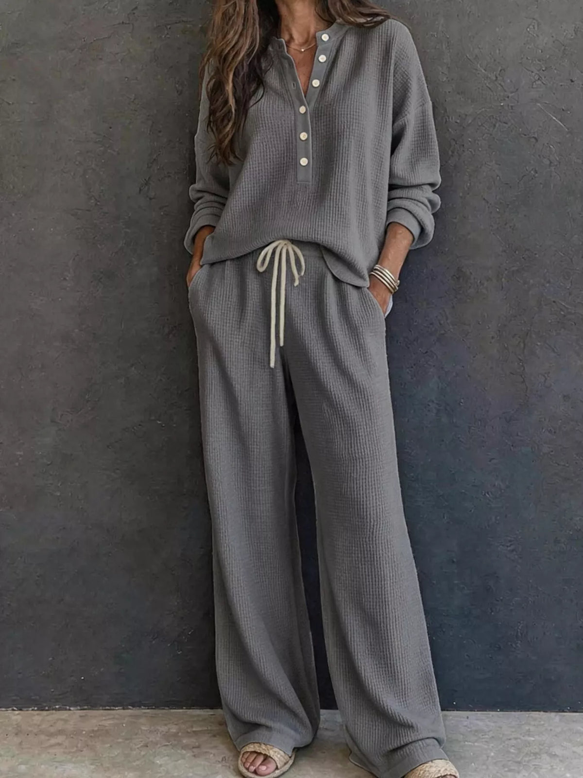 Waffle Knit Henley Top Wide Leg Pants Set (10)