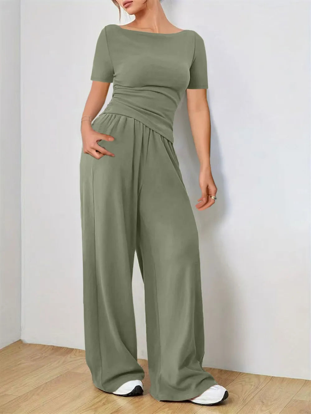 Round Neck Short Sleeve T-shirt Pants Set (10)