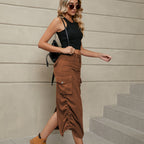 Drawstring Ruched Slit Denim Midi Skirt (14)
