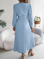 Pleated Tied V-neck Long Sleeve Dress (8)