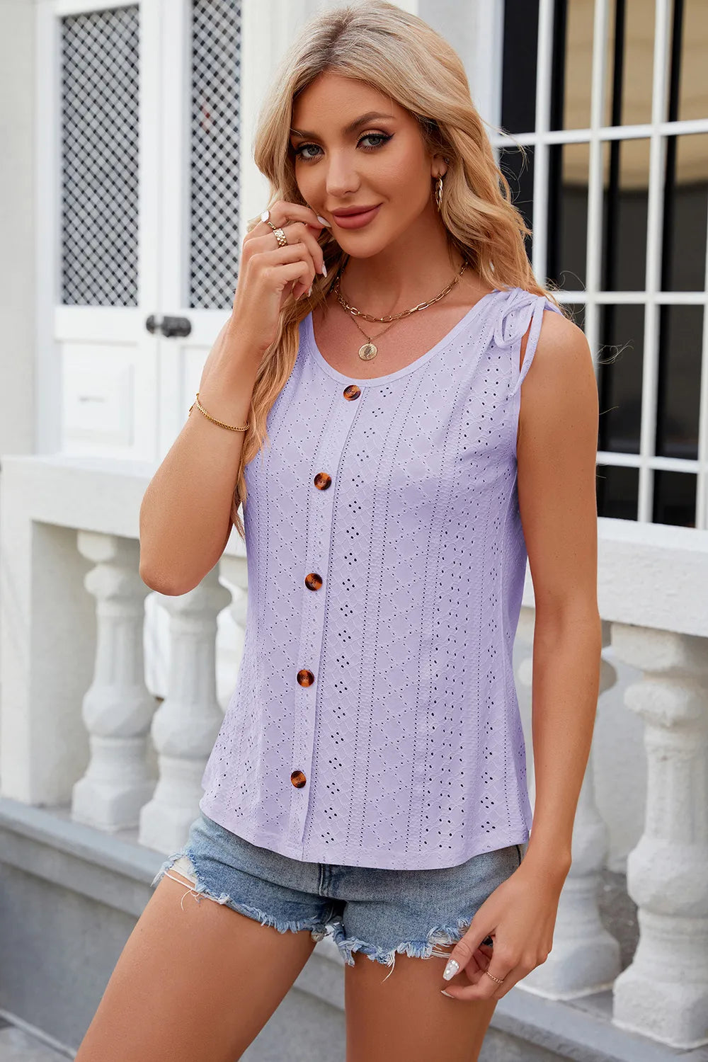 Eyelet Round Neck Wide Strap Tank (34)