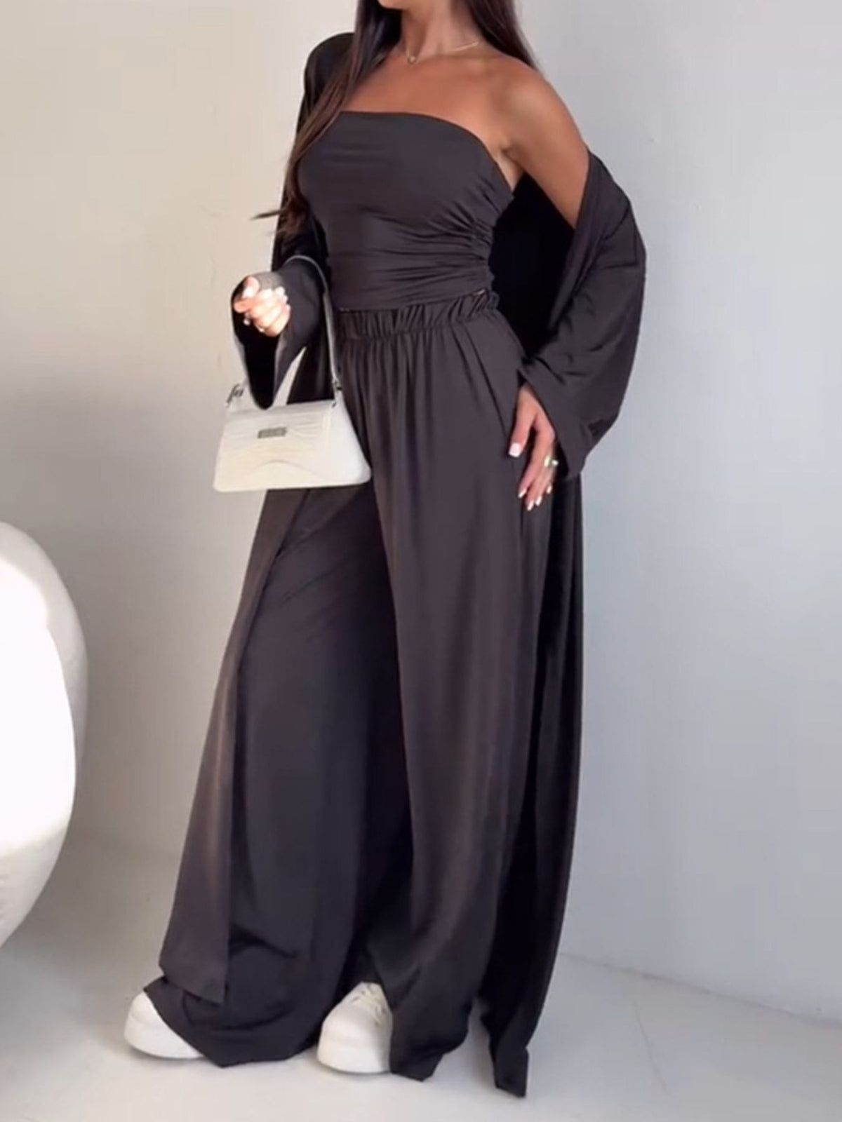 Tube Top Cardigan Pants Three Piece Set (6)