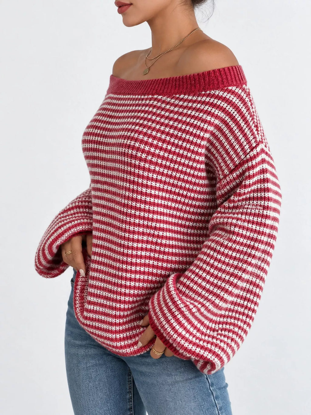 Striped Knit Boat Neck Sweater (3)