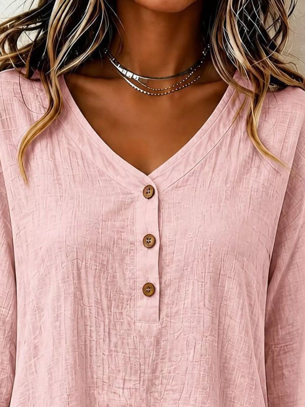 V-neck Long Sleeve Button Detail Ruffled Hem Blouse (8)