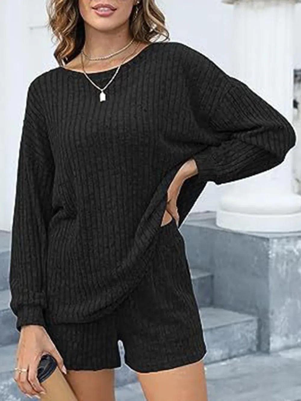 Round Neck Dropped Shoulder Top Shorts Set (8)