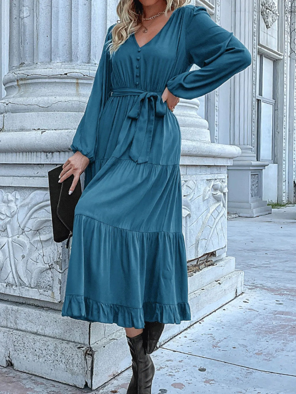 Ruffled Hem V-neck Balloon Sleeve Dress (15)