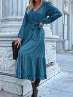 Ruffled Hem V-neck Balloon Sleeve Dress (15)