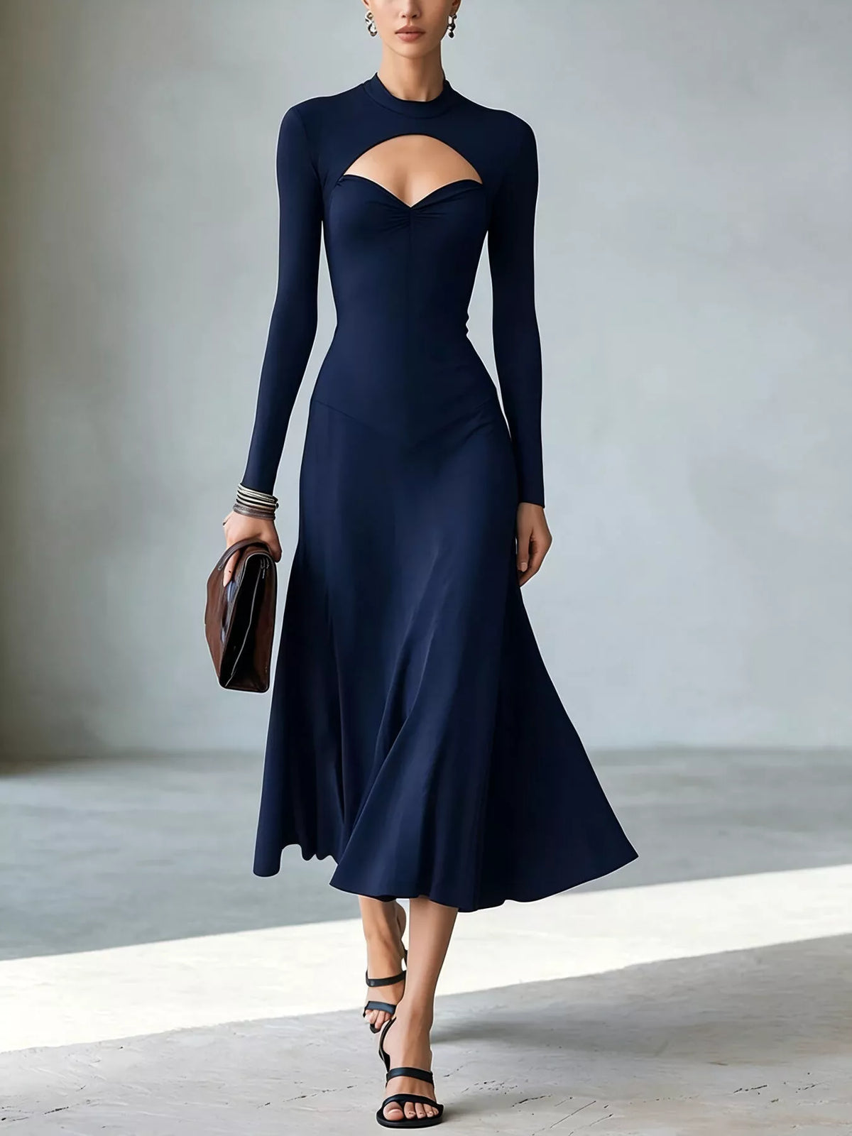 Full Size Mock Neck Cut-out Long Sleeve Midi Dress Plus (16)