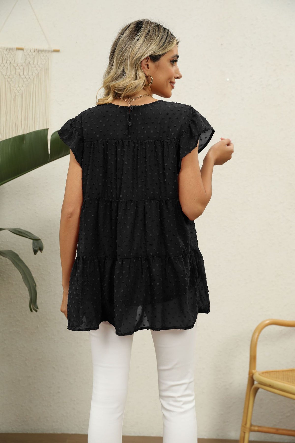 Swiss Dot Round Neck Tiered Blouse (15)