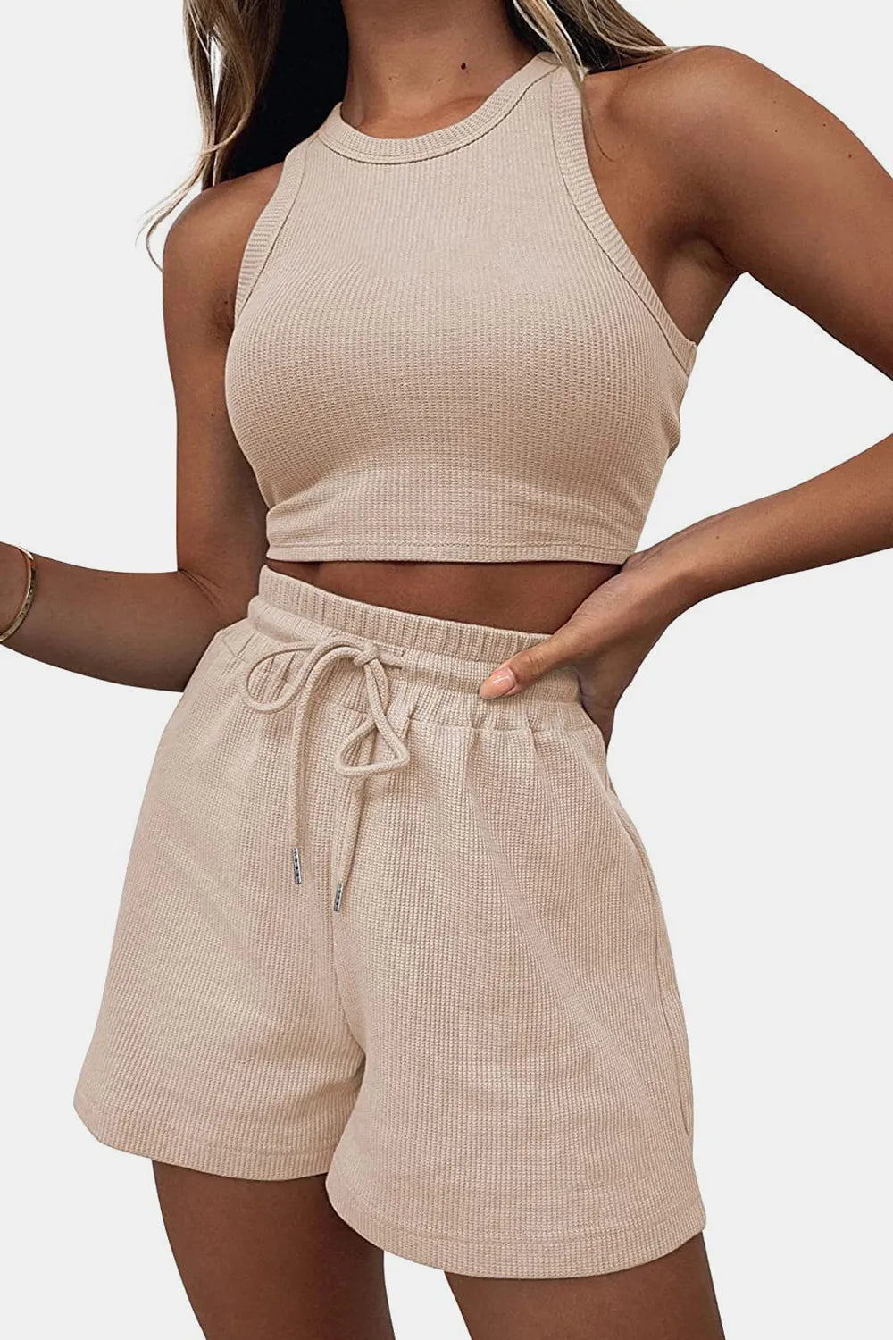 Round Neck Top Drawstring Shorts Set (9)