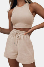 Round Neck Top Drawstring Shorts Set (9)