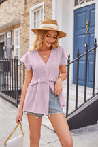 Buttoned V-neck Ruffle Trim Top (14)