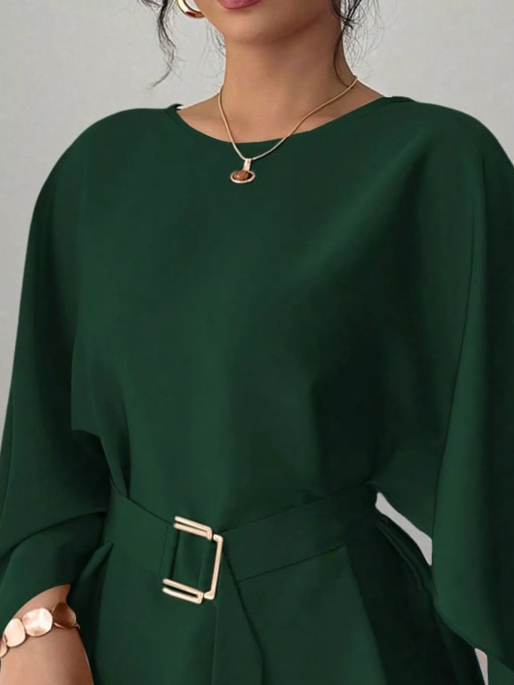 Round Neck Belt Batwing Sleeve Blouse (20)