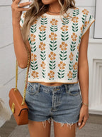 Flower Round Neck Short Sleeve Knit Top (11)