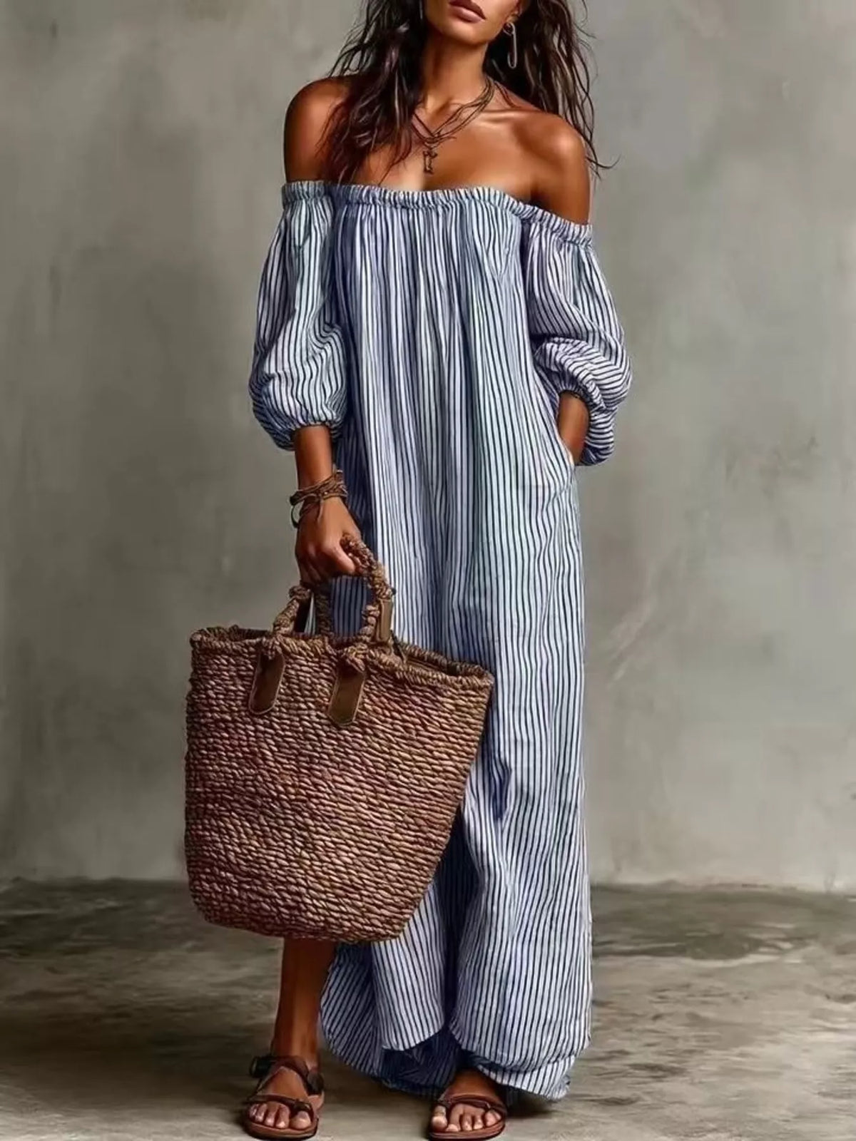 Full Size Off-shoulder Striped Maxi Dress Puff Sleeves Plus (10)