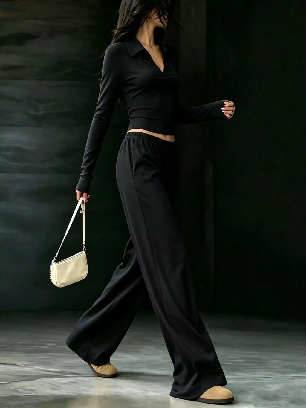 Solid Color Long Sleeve Polo Collar Top Wide Leg Pants Set (9)