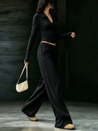 Solid Color Long Sleeve Polo Collar Top Wide Leg Pants Set (9)